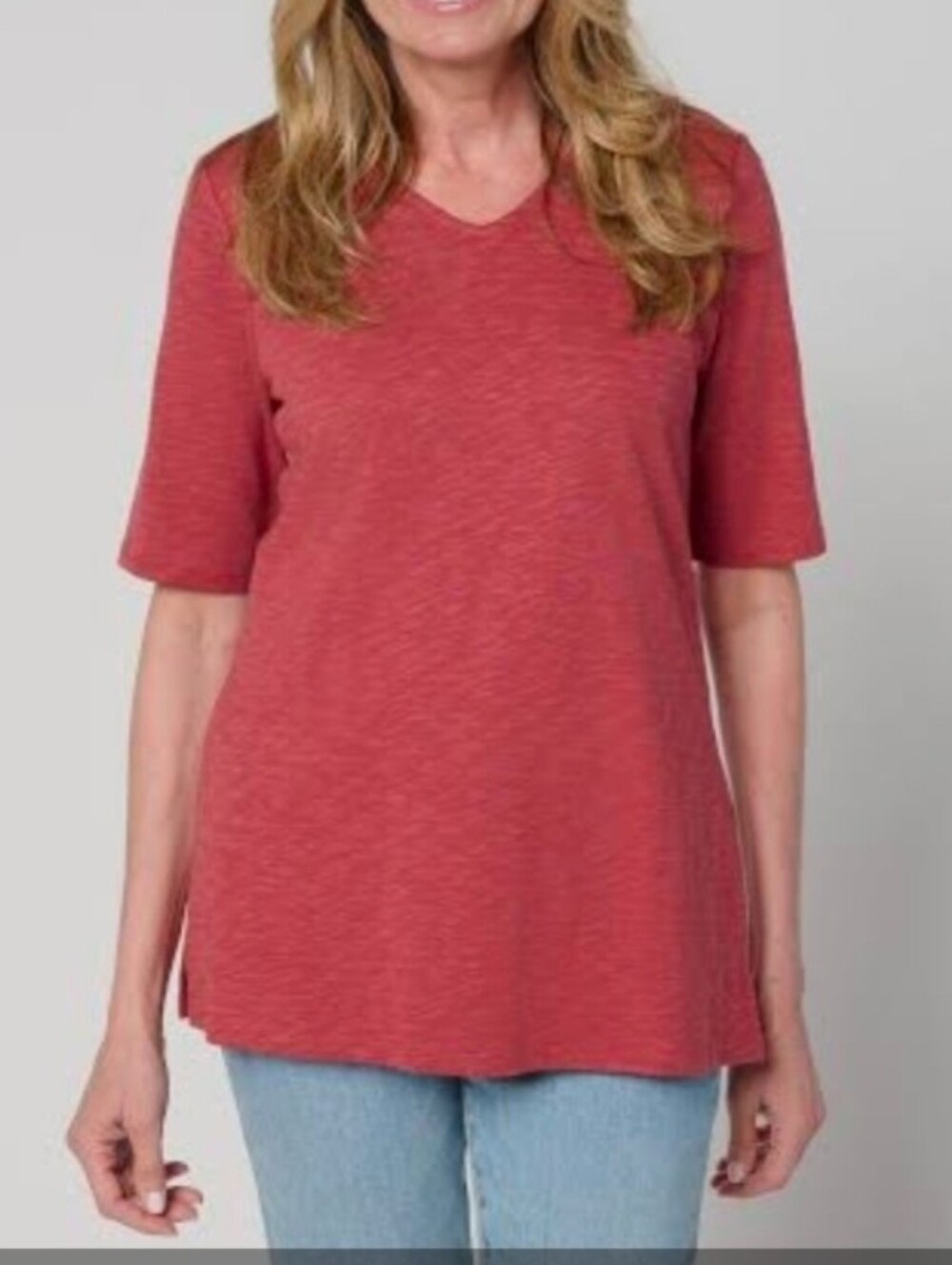 NWT J.JILL Women's Pima Cotton Double V-Neck Elbow Sleeve Tunic Rose Wine Sz M